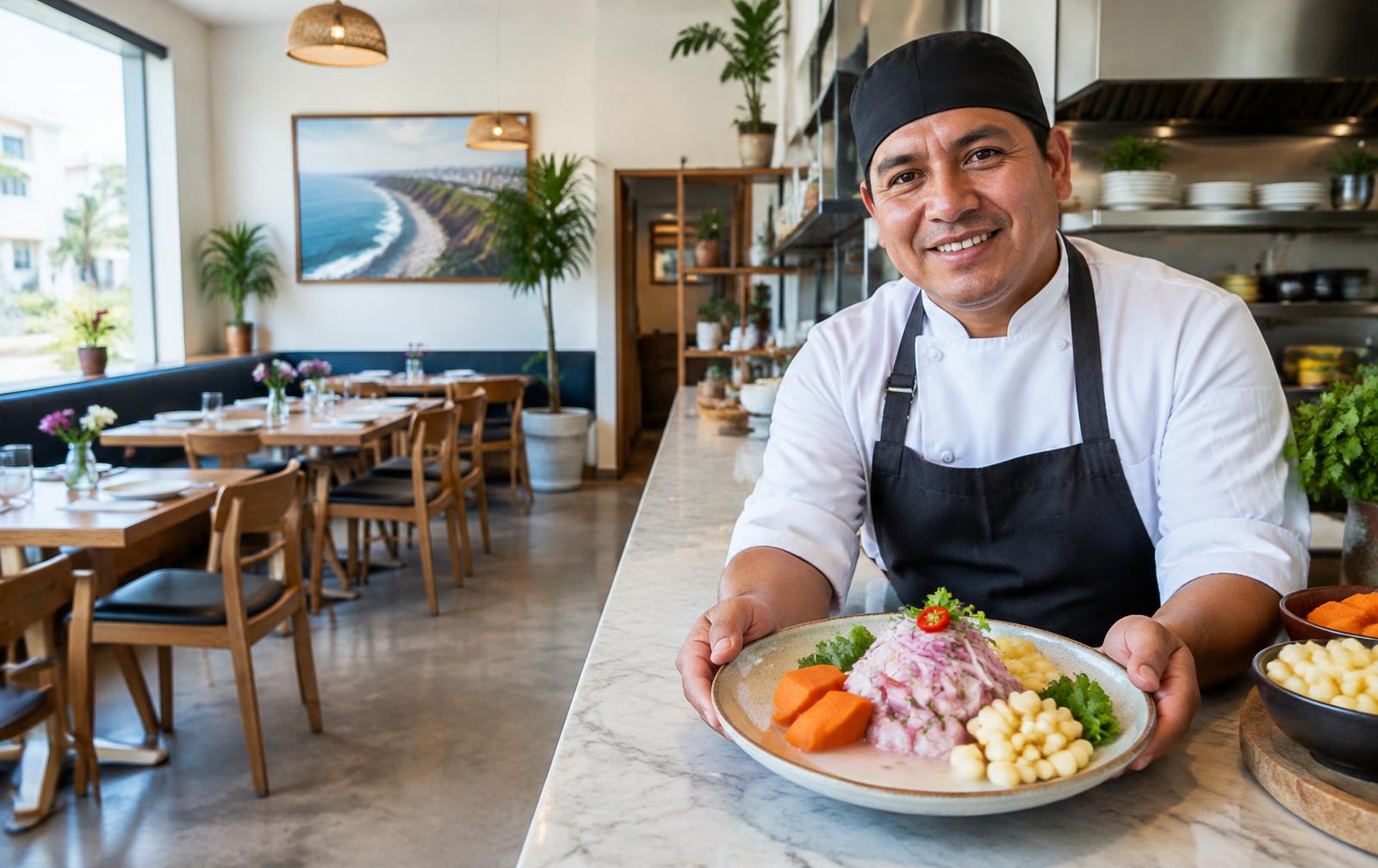Cocinero en un restaurante peruano presentando un ceviche