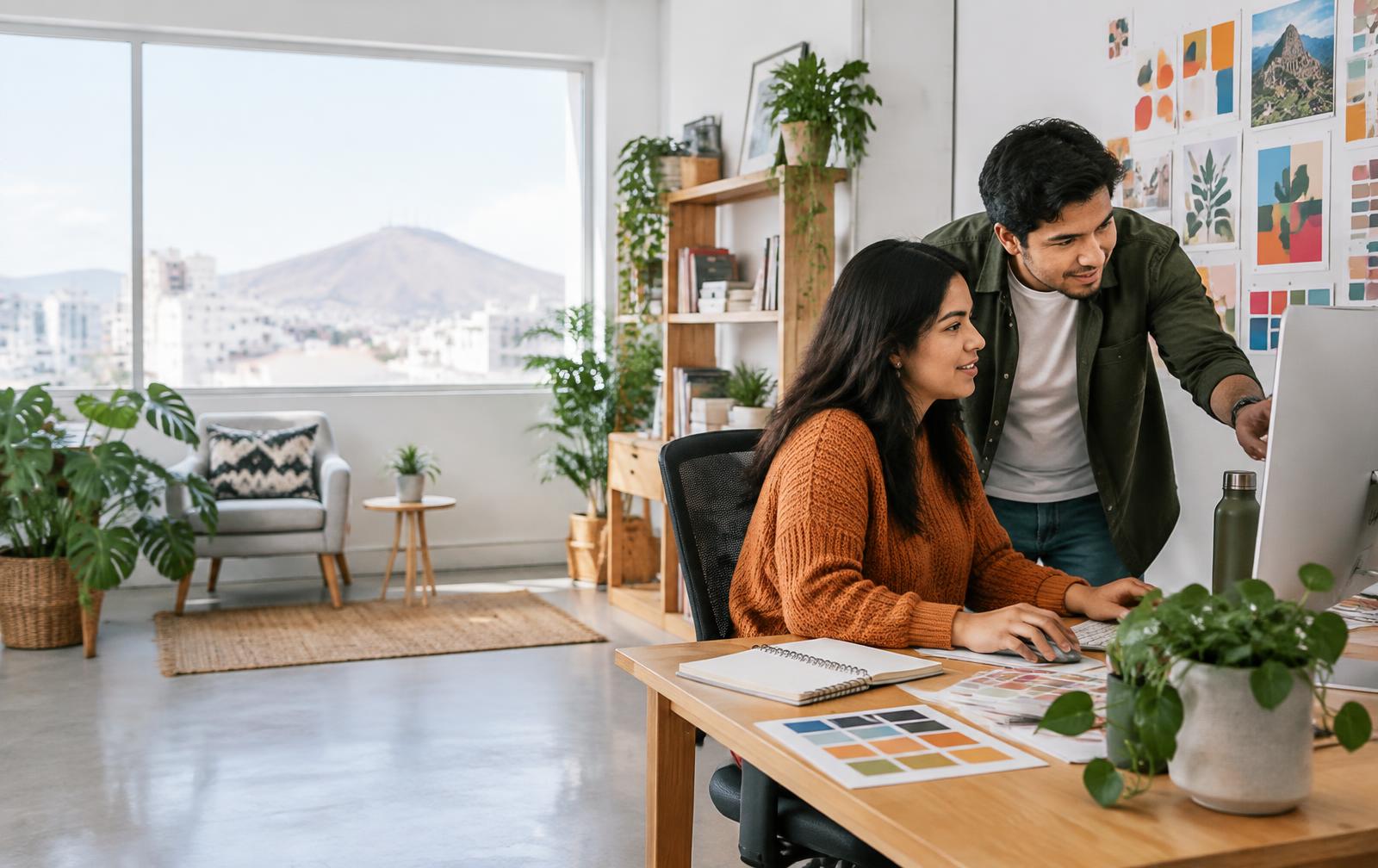 Emprendedores peruanos trabajando en un estudio creativo